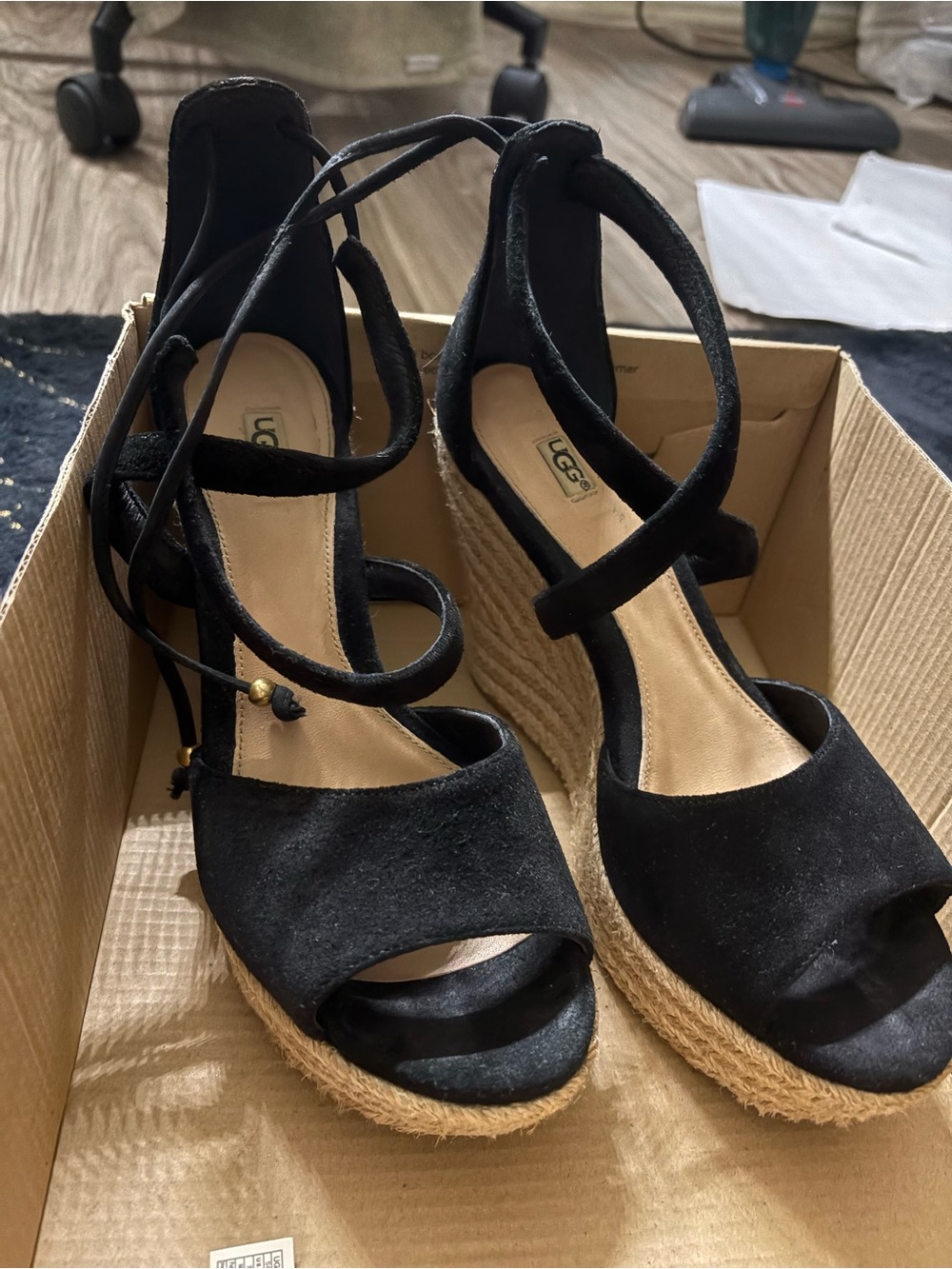 UGG Black Suede Espadrille Lace-Up Wedge Sandals